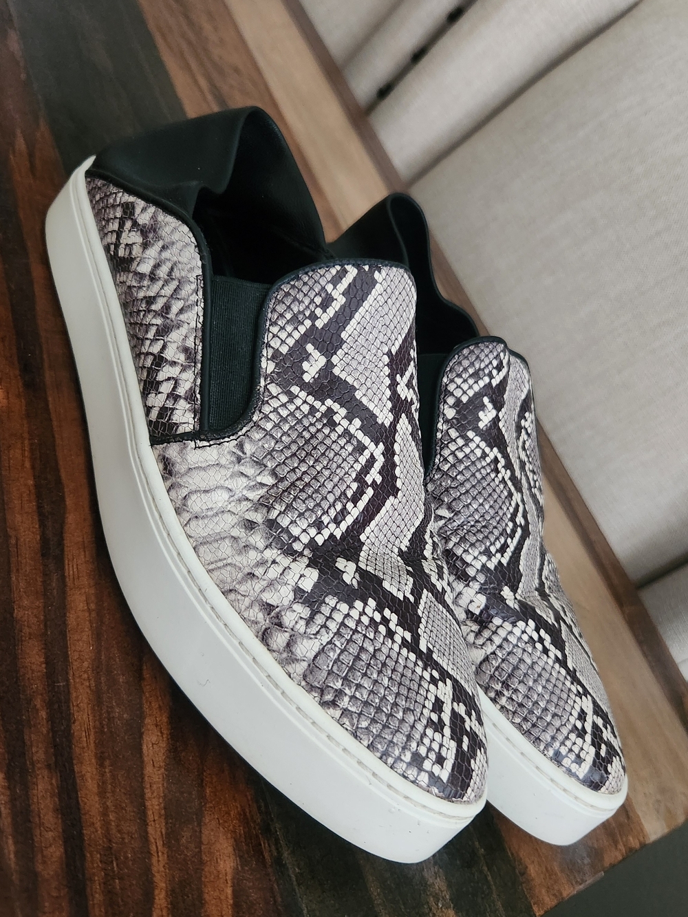 Vince Black & White Snake-Print Slip-On Sneakers